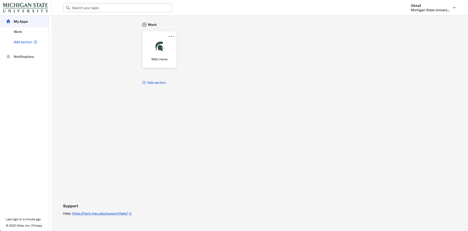 The main screen at auth.msu.edu, showing a minimalist toolbar with a drop-down menu in the top right. 